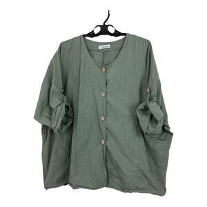 T by Transparente Lagenlook Shirt Jacket Size XXL Green Cotton Roll Sleeves